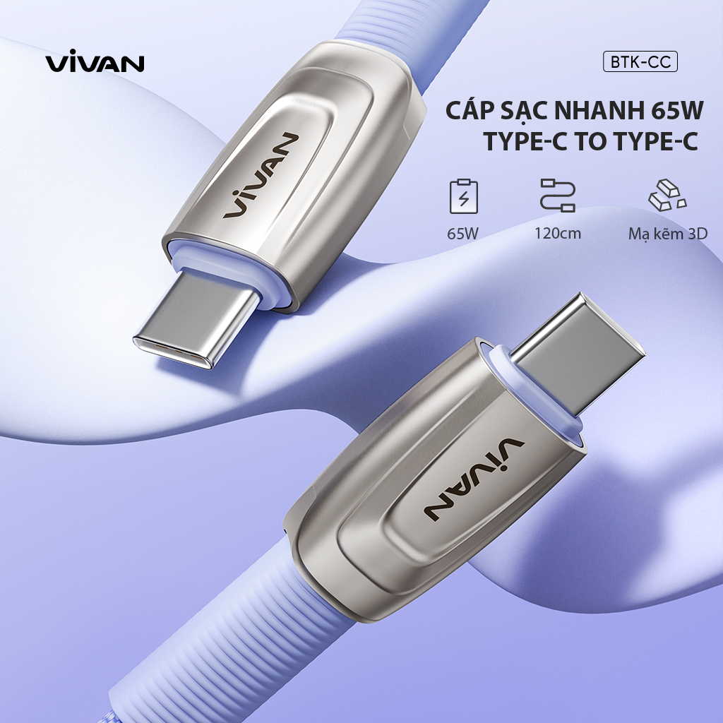 Cáp sạc nhanh 65W Type C to type C Vivan BTK-CC Tím